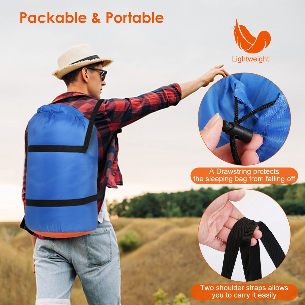 Man wearing a blue sleeping bag with drawstring and shoulder straps, set against a natural landscape.