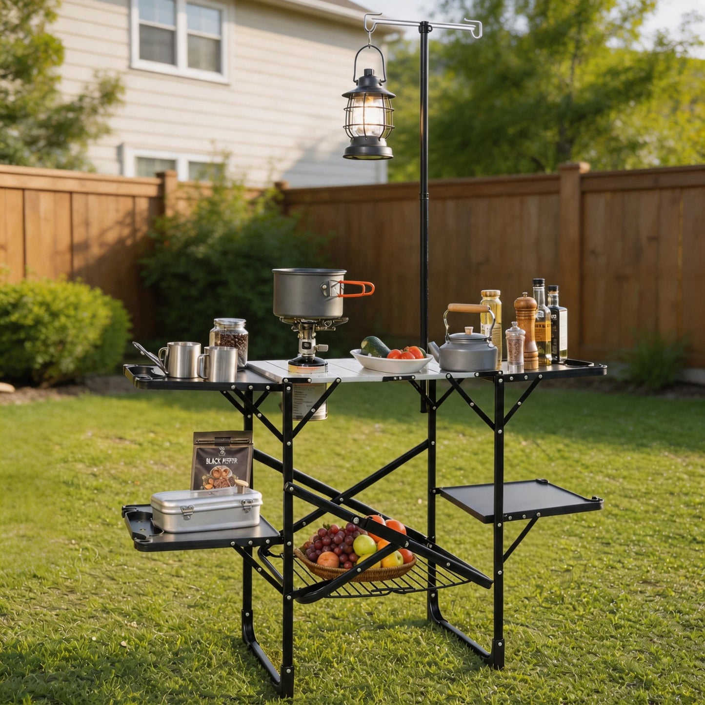 Black Folding Camping Kitchen Table with Lamp Post & 4 Side Tables