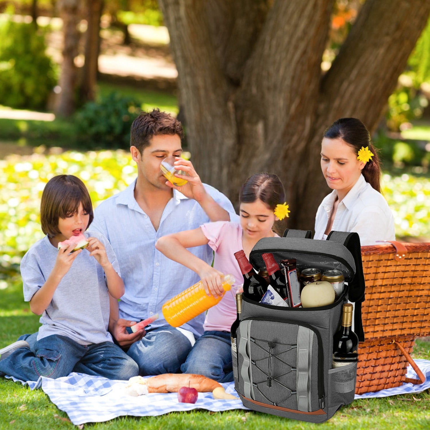 Family having a picnic with a cooler bag in a park