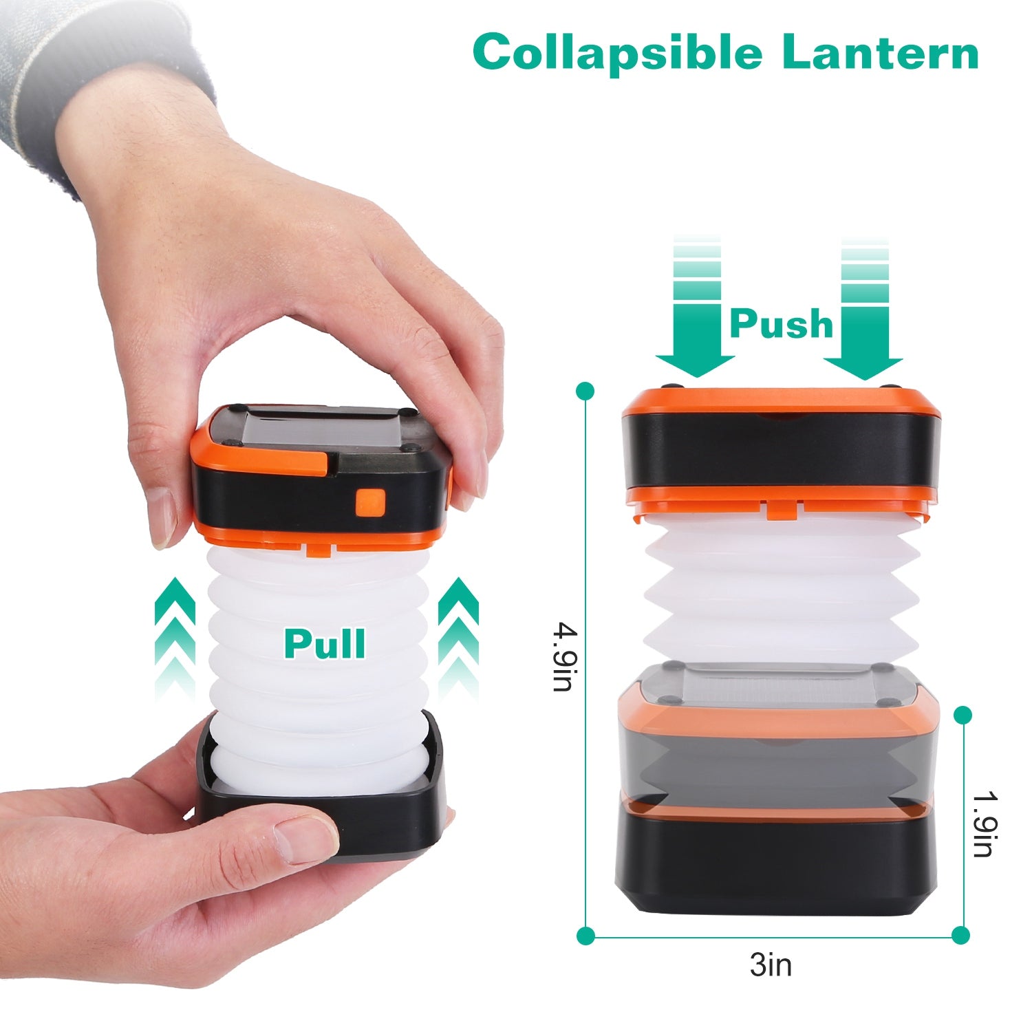 Collapsible lantern being held by a hand with dimensions displayed on a white background