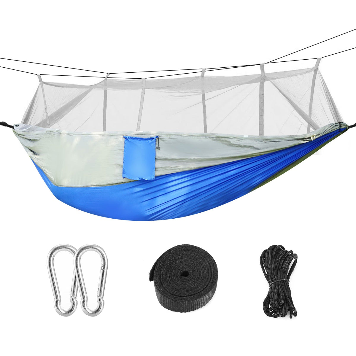 Blue hammock with mosquito net, carabiner, strap, and rope on a white background