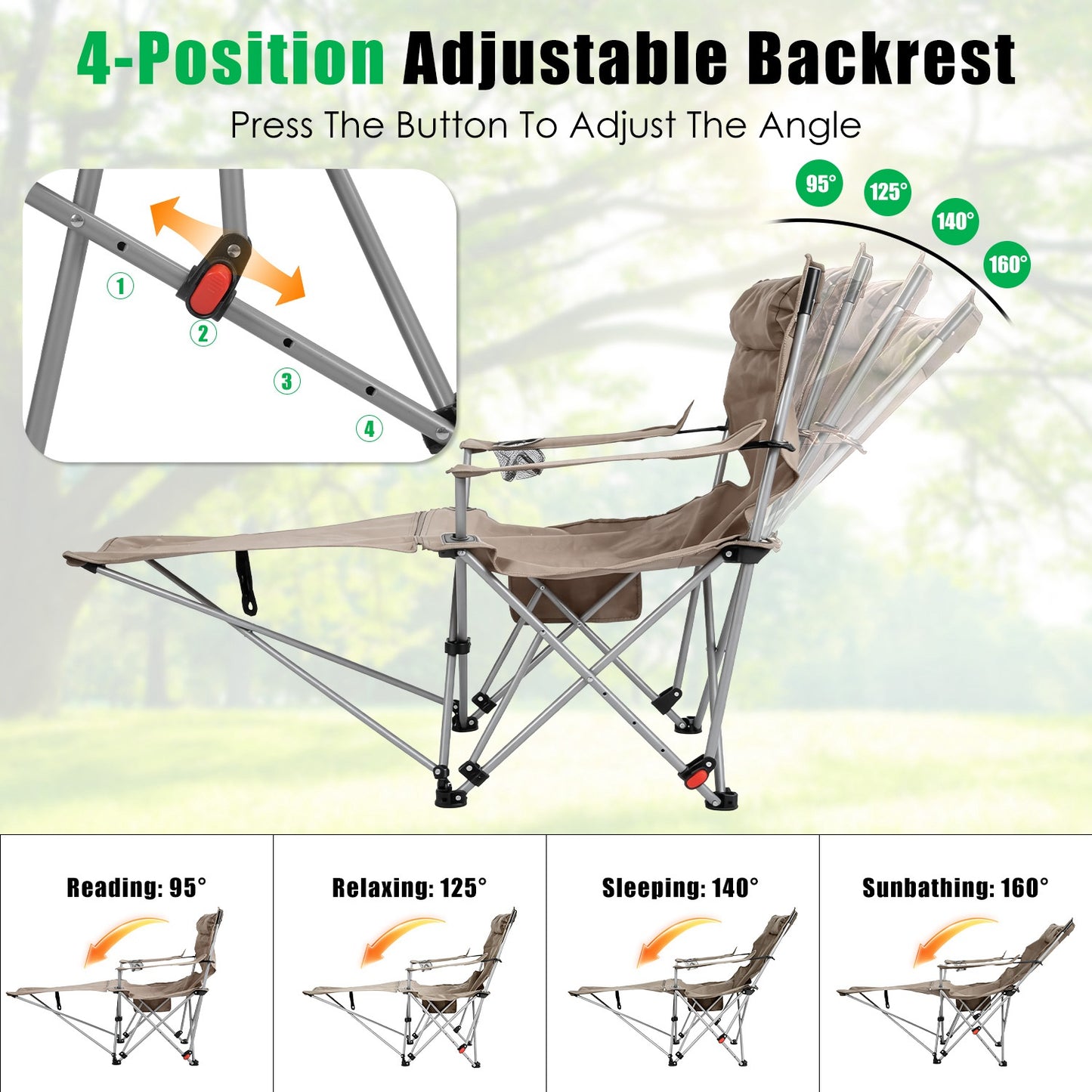 Lake Forest Khaki Reclining Camping Chair with Detachable Footrest