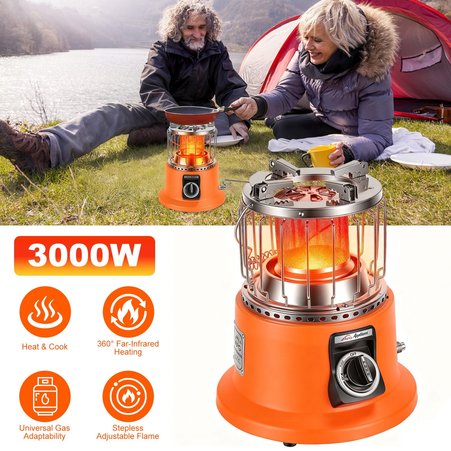 Camping heater with 3000W rating and features, shown with a couple camping by a lake.