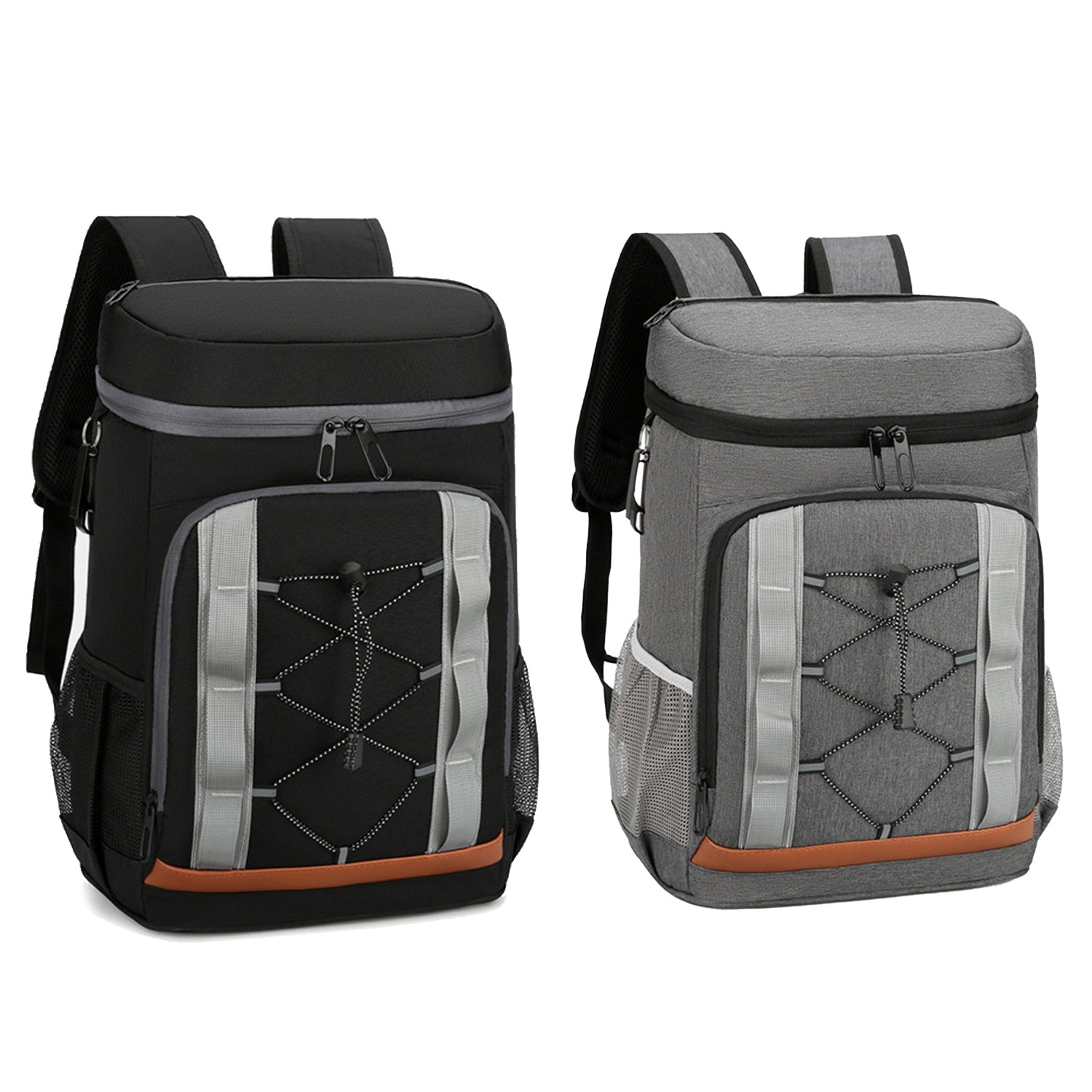 Two backpacks, one black and gray, the other gray with orange accents, on a white background.