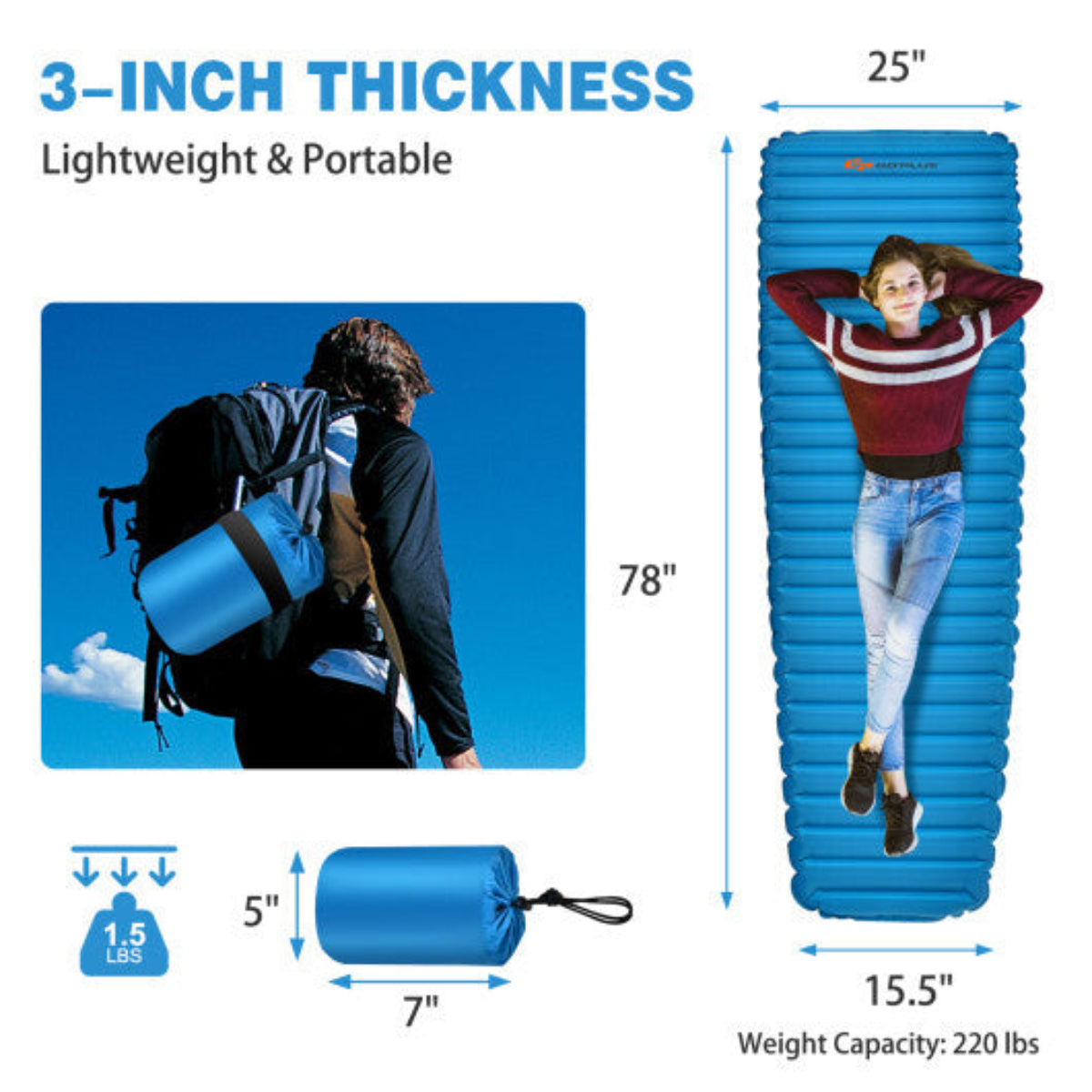 Inflatable Sleeping Pad – Lightweight Waterproof Air Mattress for Camping — pads, back view