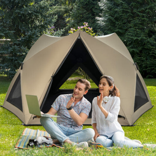 4–6 Person Pop-Up Camping Tent – Olive Green Shelter with Rainfly & Skylight — tents, front view