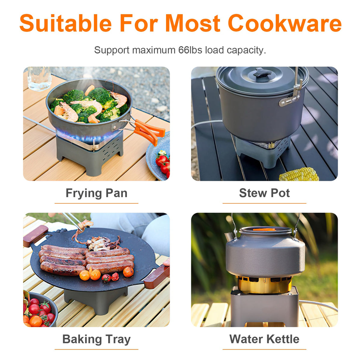 Cooking setup with frying pan, stew pot, baking tray, and water kettle on a white background.