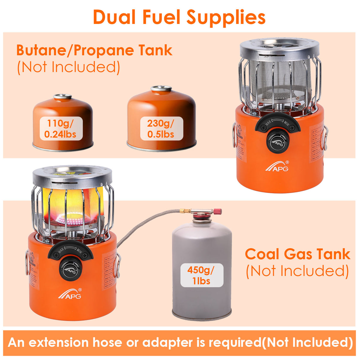 Orange camping lantern with butane/propane and coal gas tank options on a peach background
