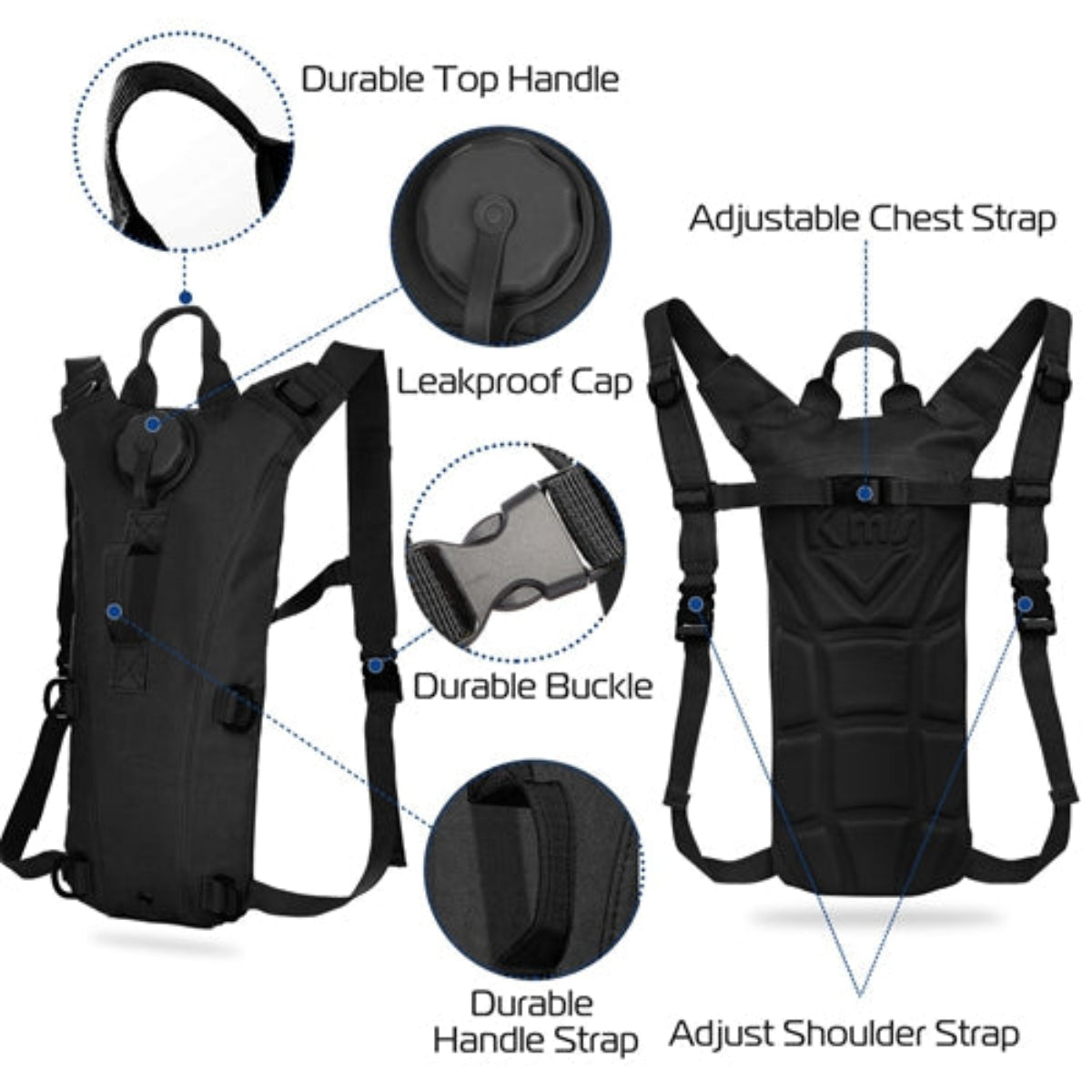 Black hydration backpack with labeled features on a white background