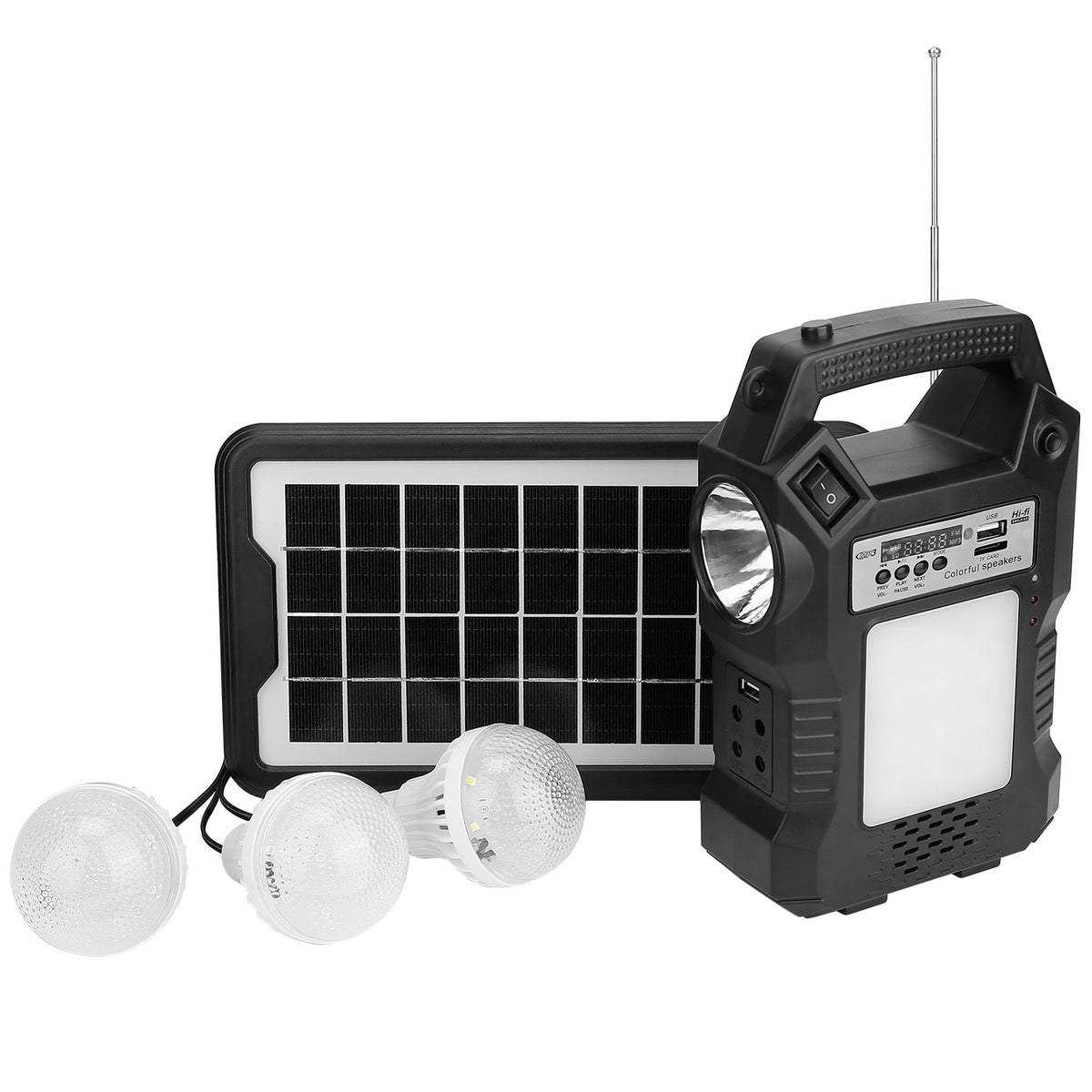 Black portable solar generator with solar panel, flashlight, and two light bulbs on a white background