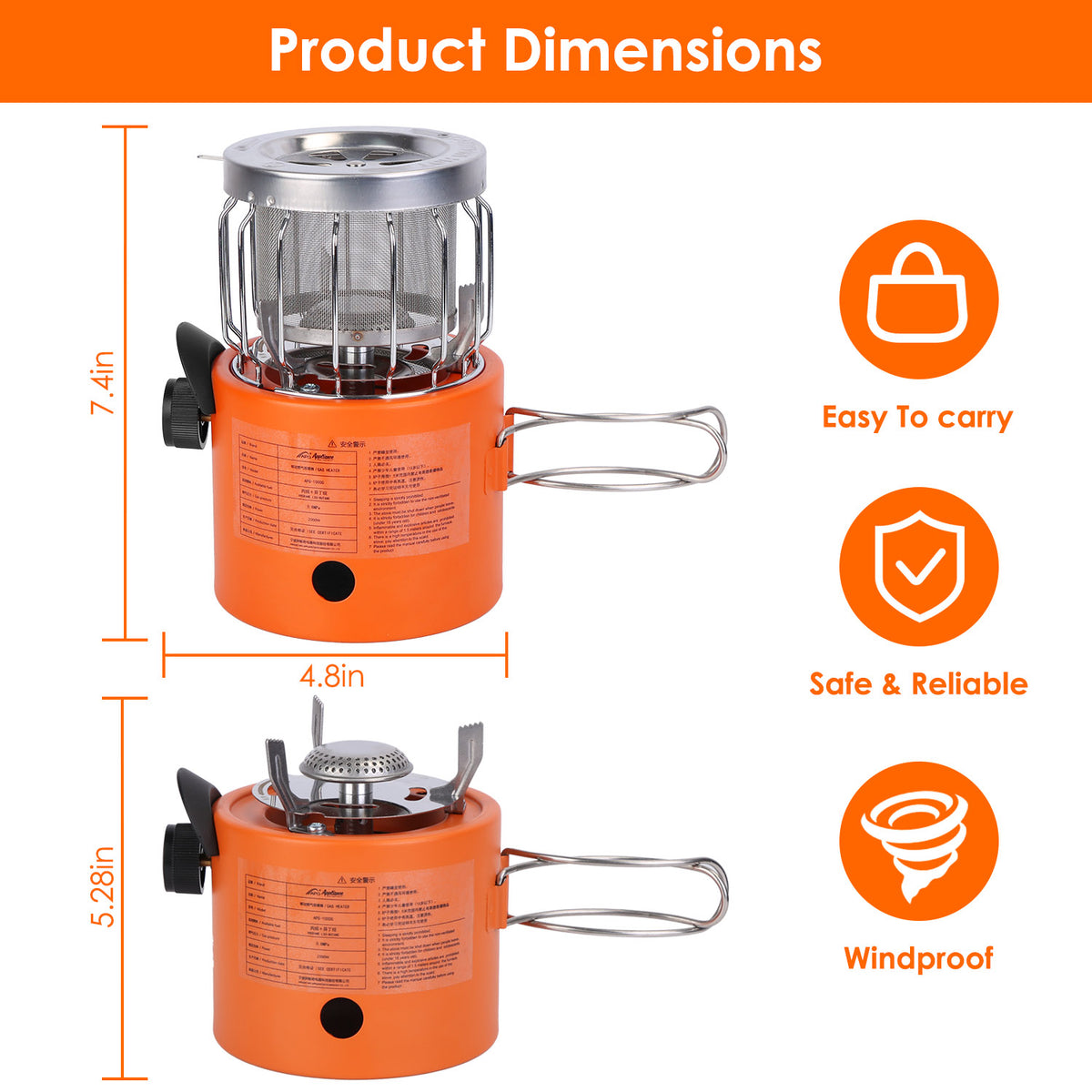 Orange camping stove with dimensions and features on an orange background
