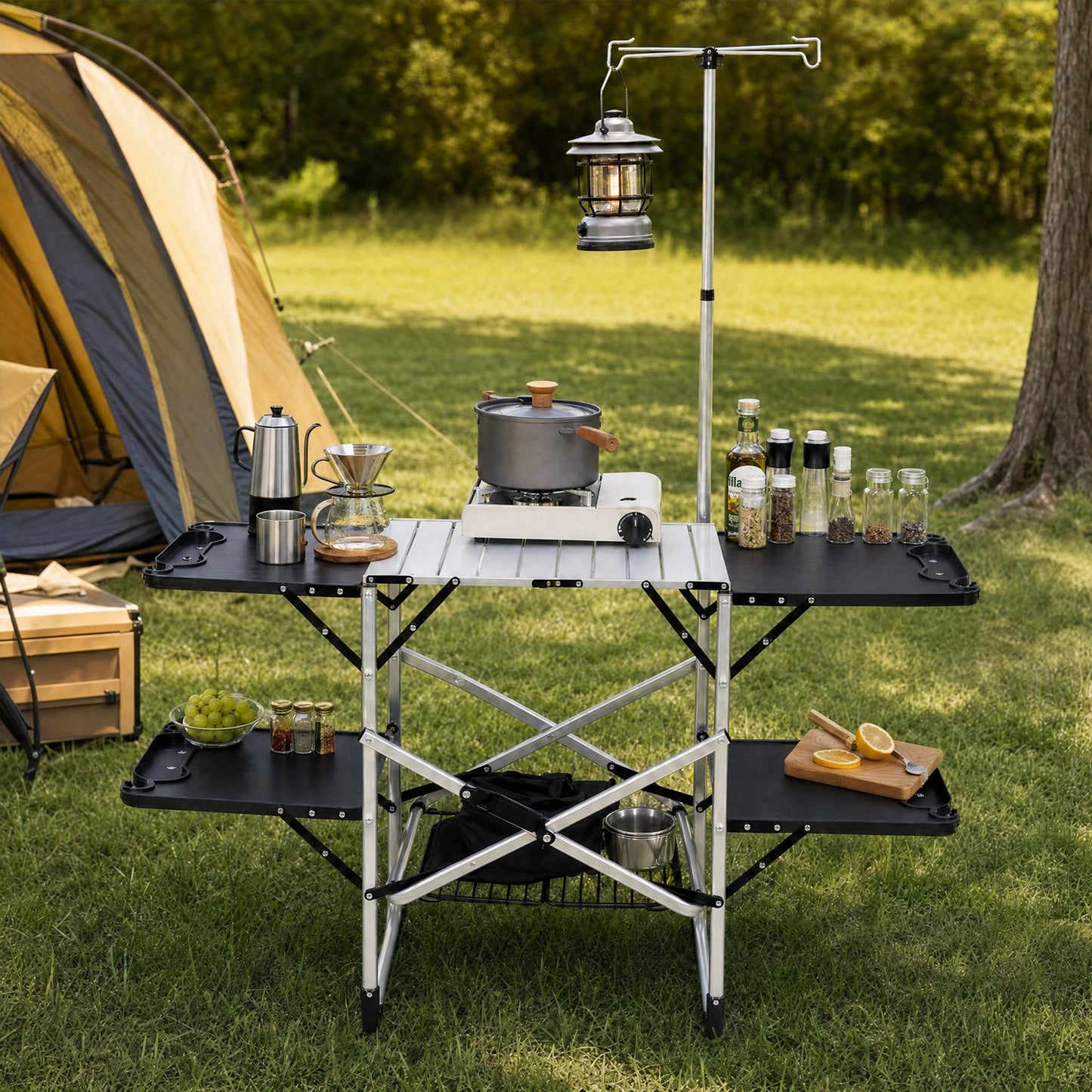 Silver Folding Camping Kitchen Table with Lamp Post & 4 Side Tables