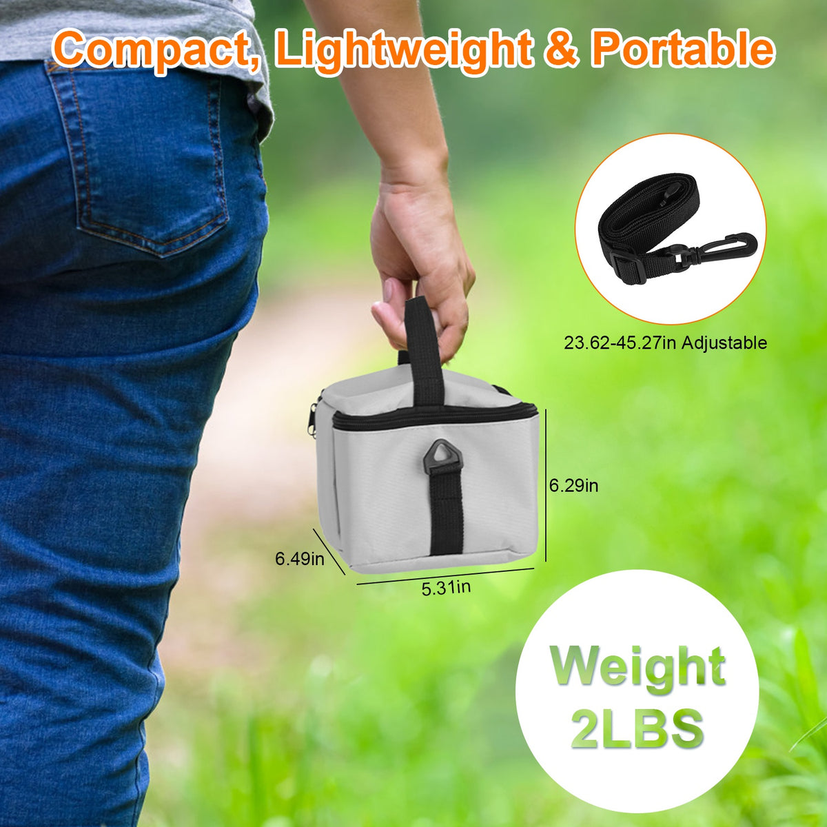 Person holding a compact bag with measurements and weight details on a green outdoor background