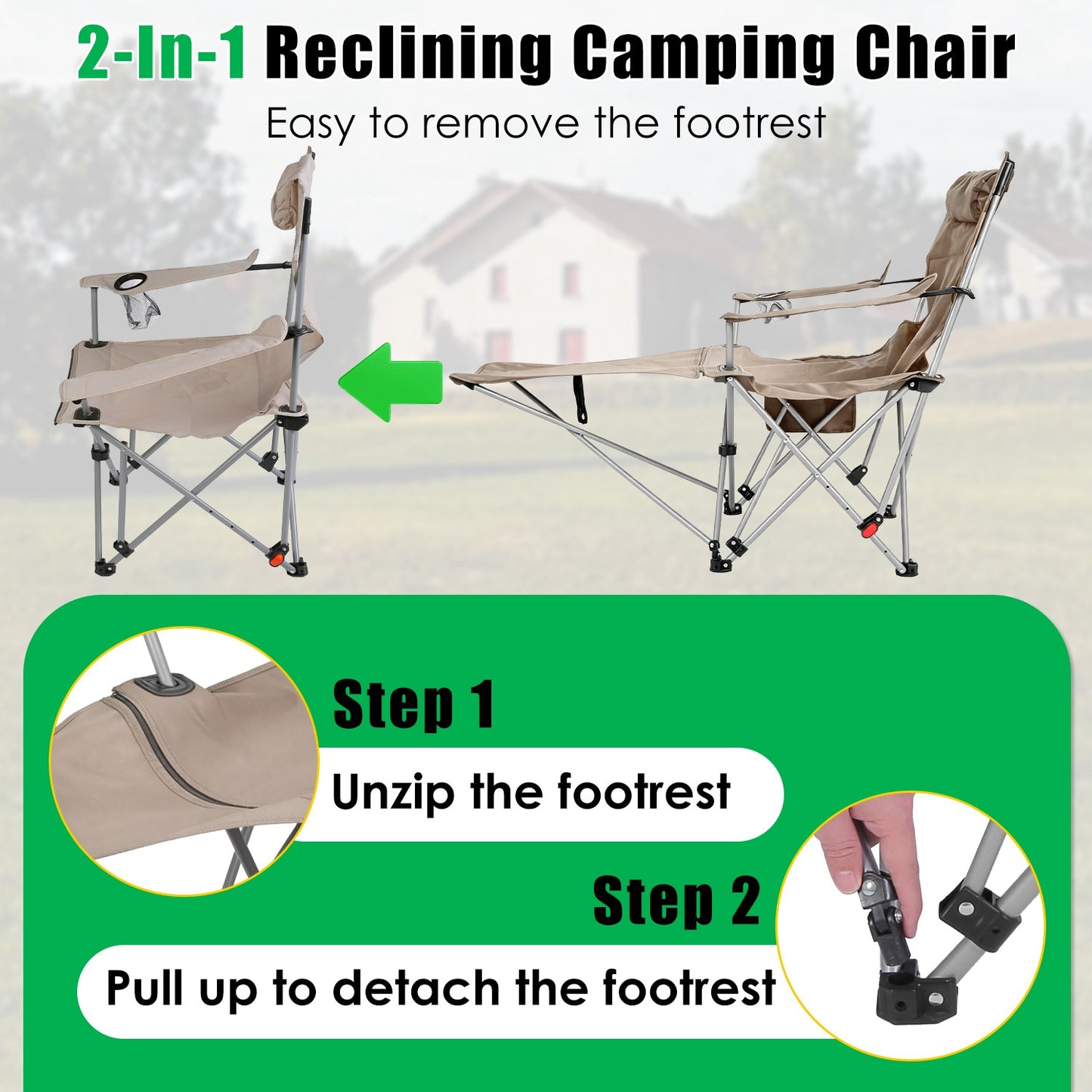 Lake Forest Khaki Reclining Camping Chair with Detachable Footrest