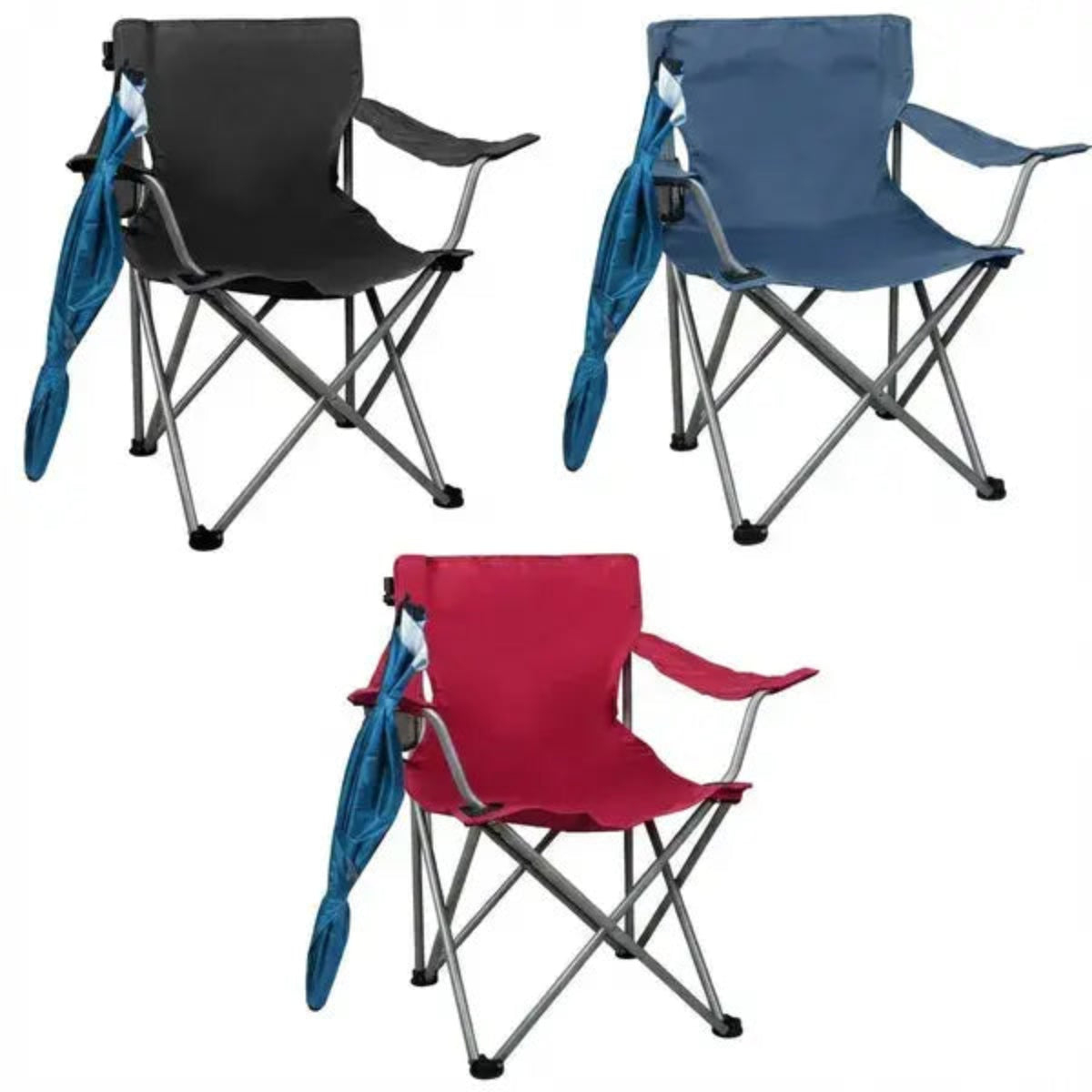 Three folding chairs in black, blue, and red on a white background