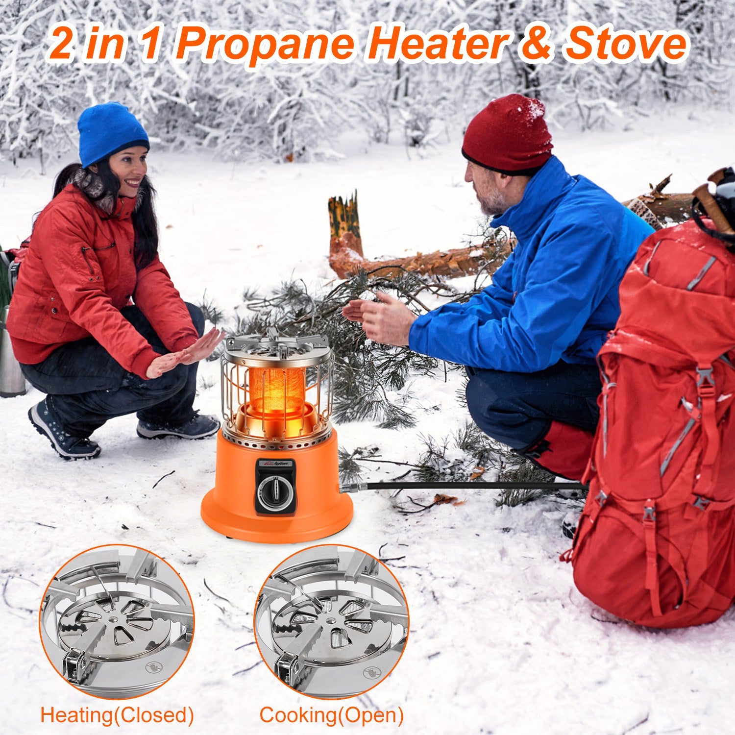 Two people using a 2-in-1 propane heater and stove in a snowy setting with close-up details of the product.