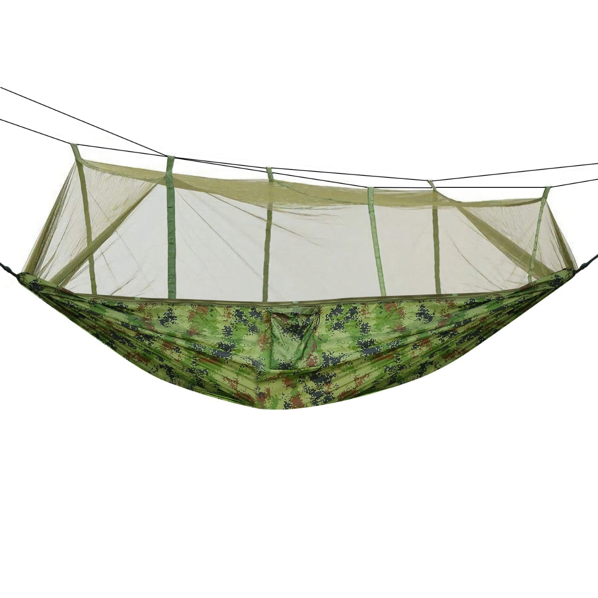 Green camouflage hammock with mosquito net on a white background