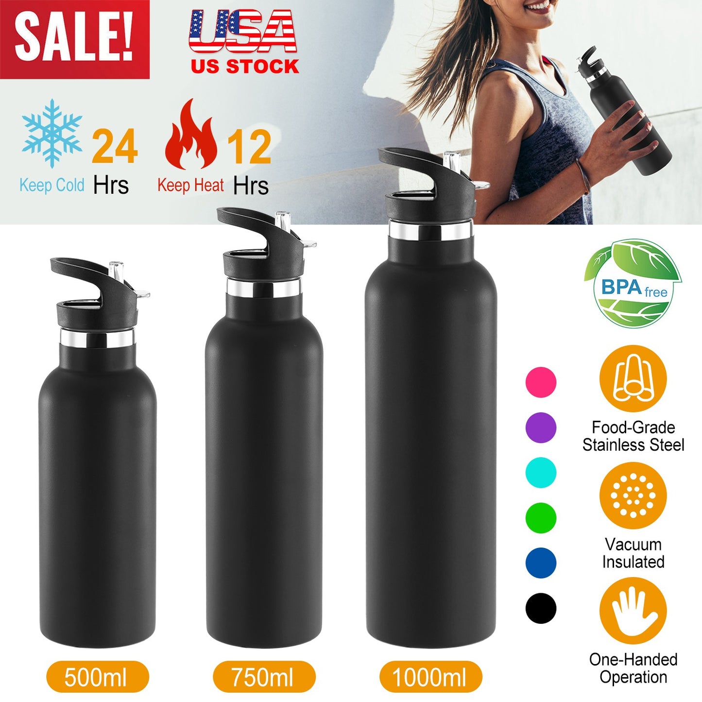 Black insulated water bottles with capacity options and features on a white background