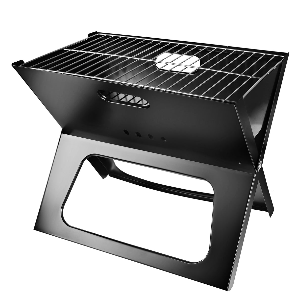 Black portable grill with X-shaped design on a white background