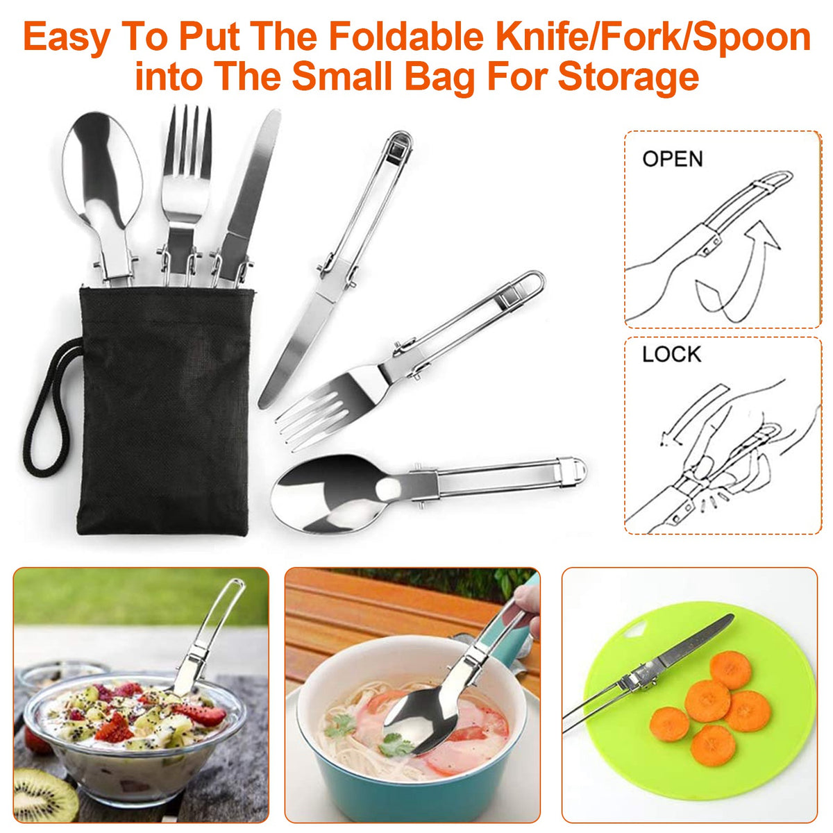 Foldable knife, fork, and spoon set with storage bag and usage examples.