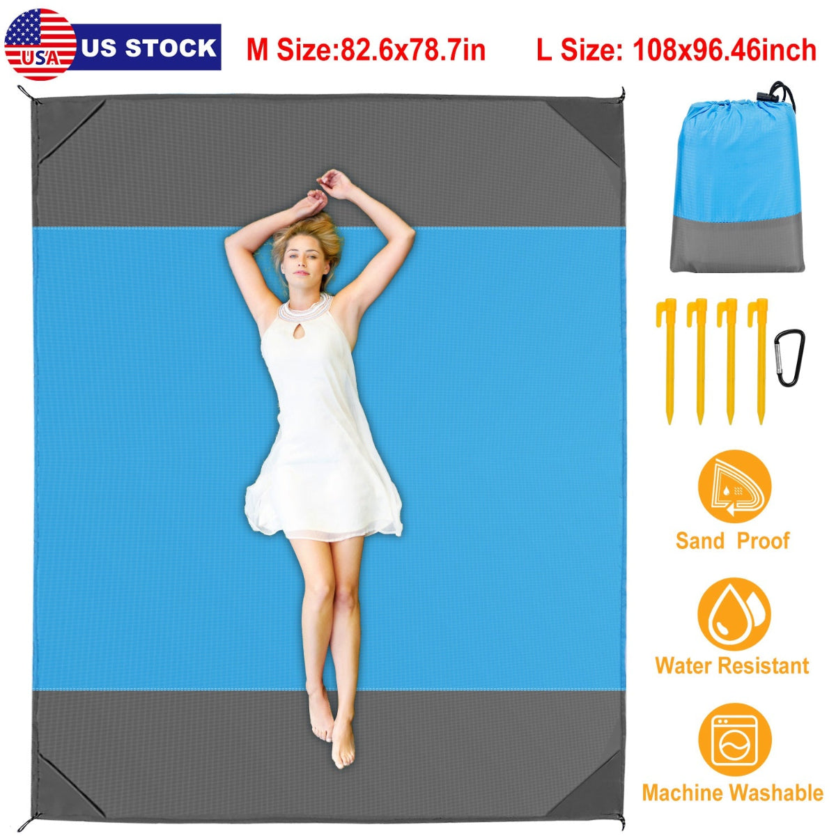 Woman lying on a blue and gray sand-proof mat with accessories displayed.