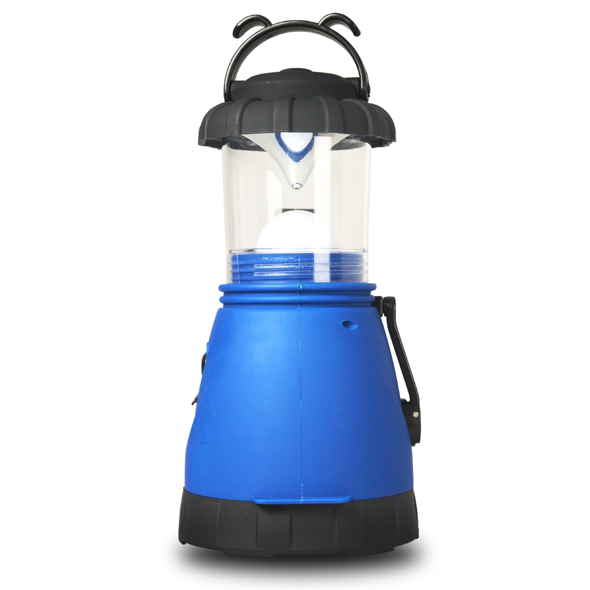 Blue and black camping lantern standing upright on a plain white background