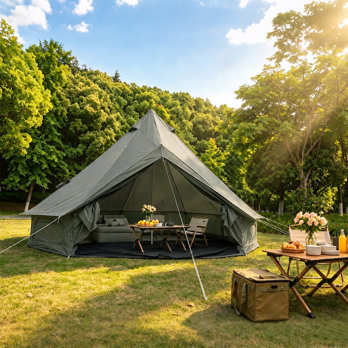 Dark Green 9.8 FT Oxford Bell Tent with Stove Jack – 3–4 Person