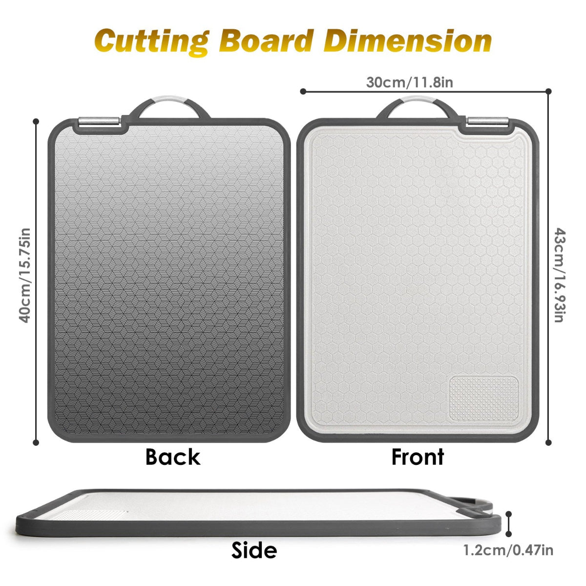 Measurement chart of a cutting board showing front, back, and side views with dimensions.