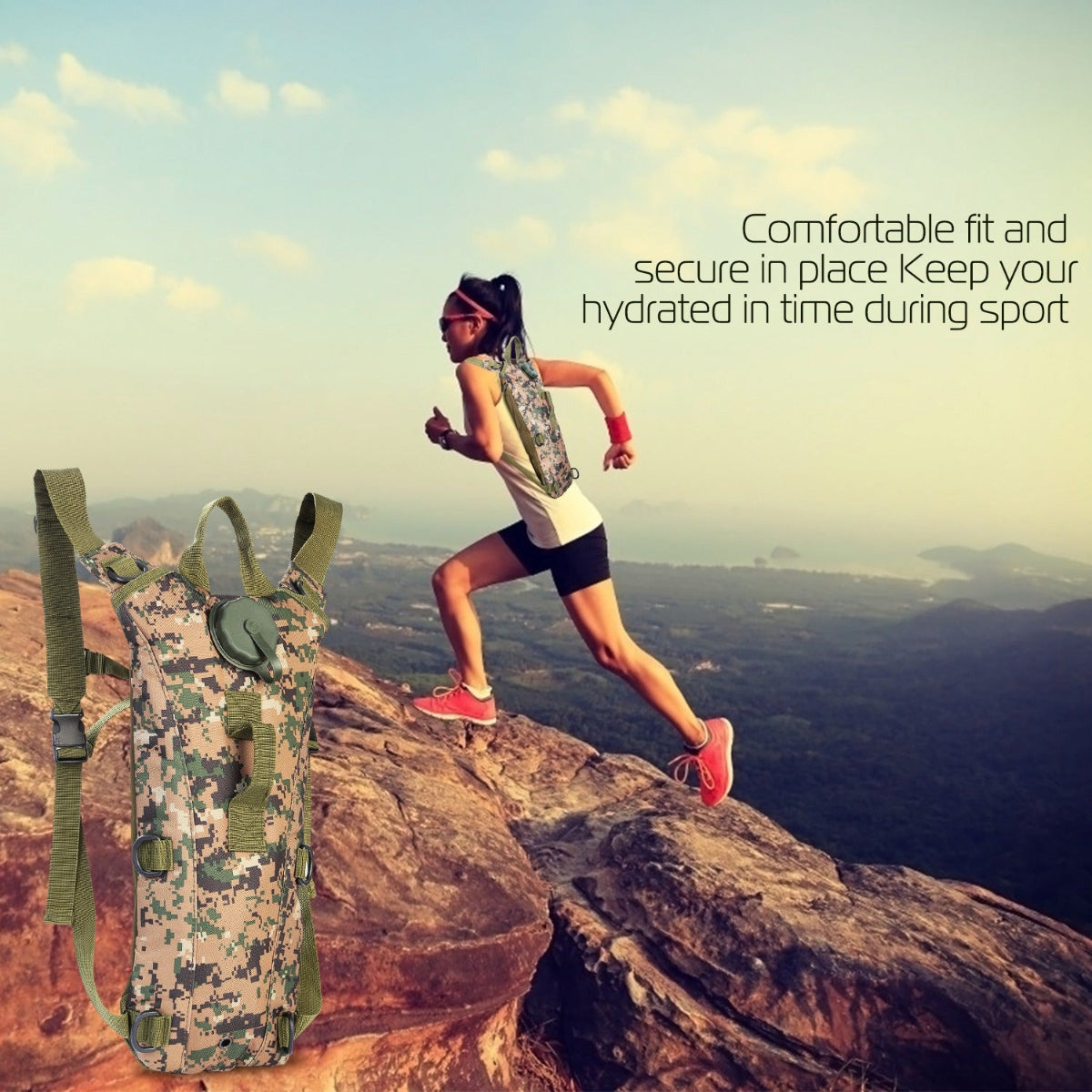 Camouflage hydration backpack with person running on mountain peak