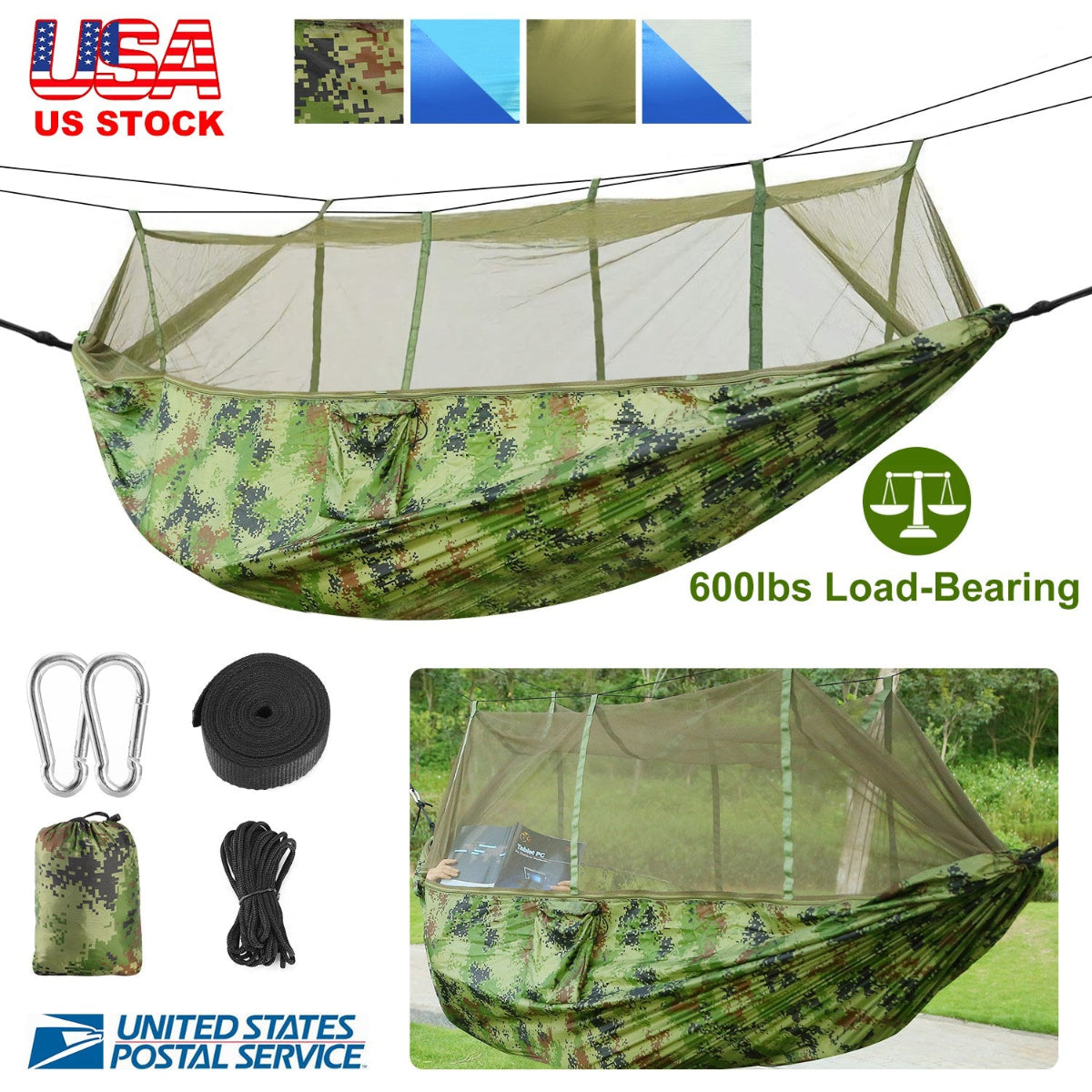Camouflage hammock with mosquito net, carabiners, and ropes on a white background.