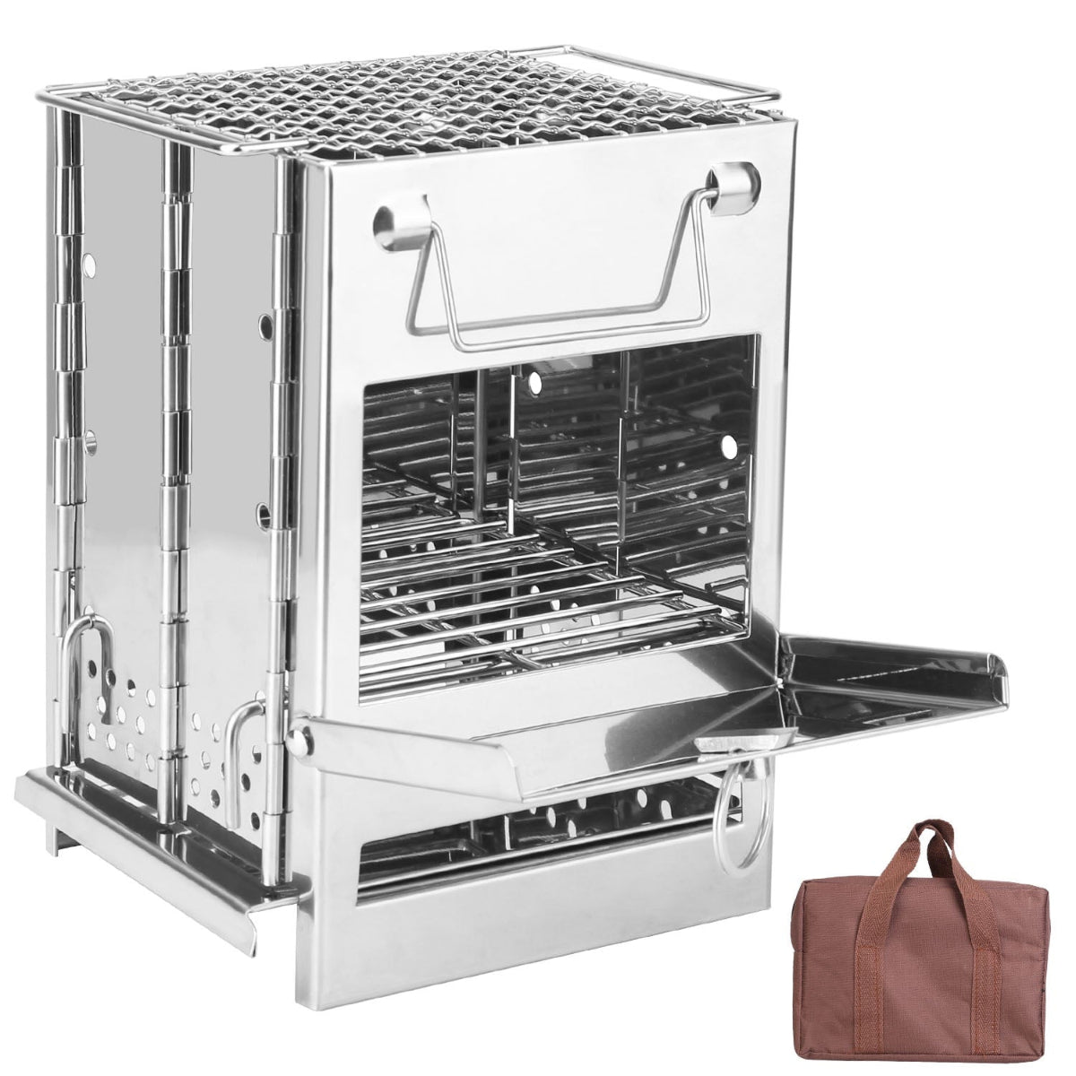 Stainless steel grill with open lid on a white background