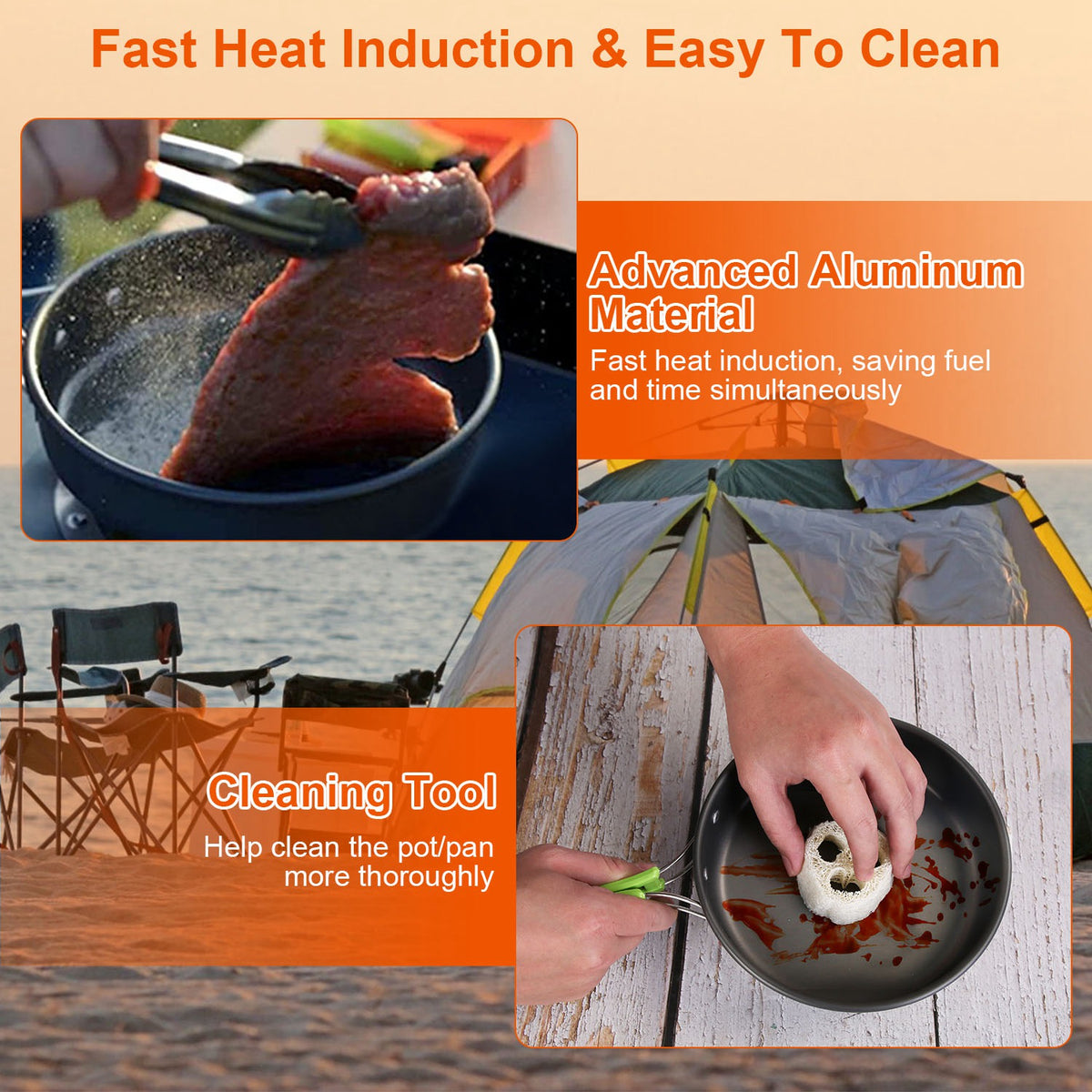 Promotional image of a camping pot with features highlighted, including fast heat induction and ease of cleaning.