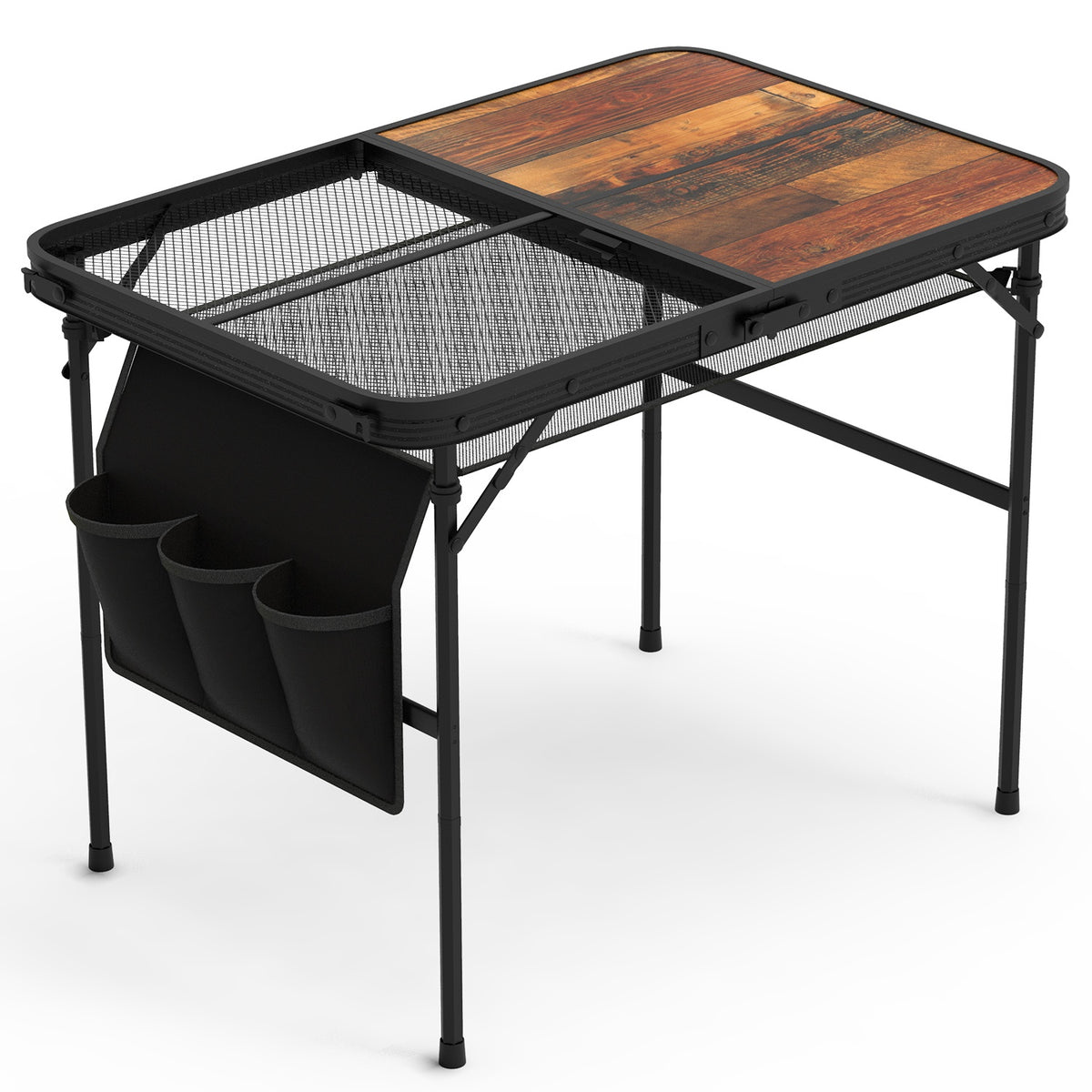 Folding table with wooden top and black mesh storage area on a white background