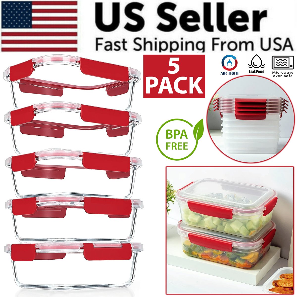 5-Pack Stackable Food Storage Containers - Airtight & Leakproof (Snap-Lock Lids) — storage, front view