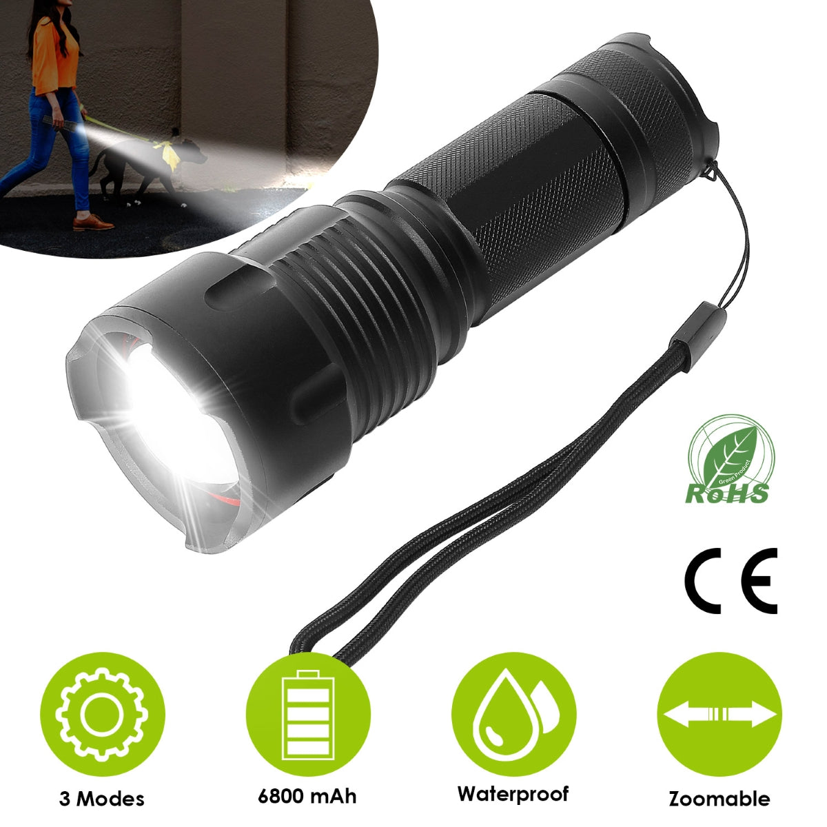 Black handheld flashlight with wrist lanyard shown on white background