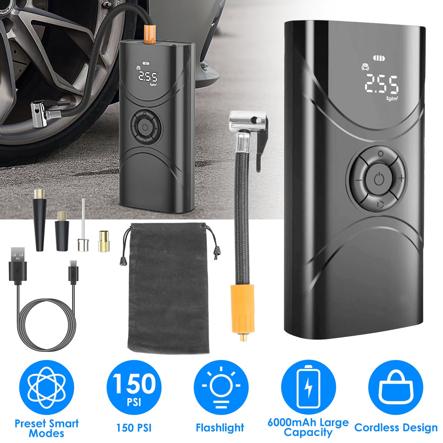 Black portable air compressor with accessories on a white background