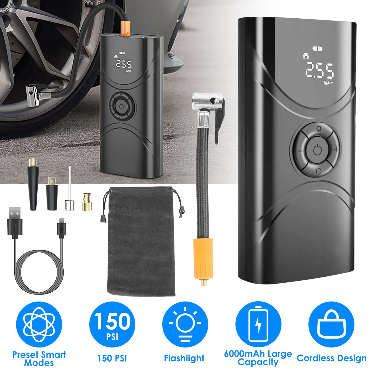 Black portable air compressor with accessories on a white background