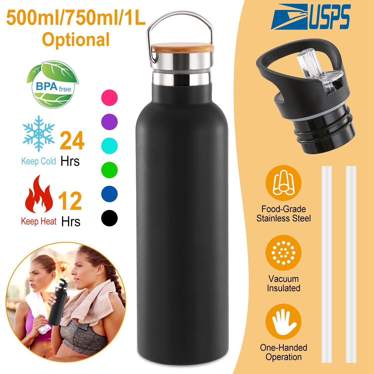 Black insulated bottle with various features highlighted on a beige background