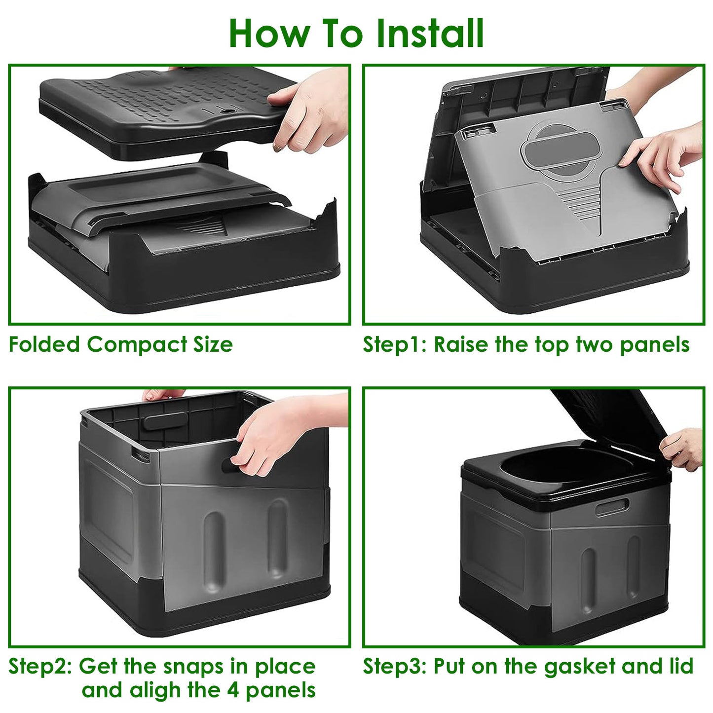 Step-by-step guide on how to install a folded compact size container with labeled steps.