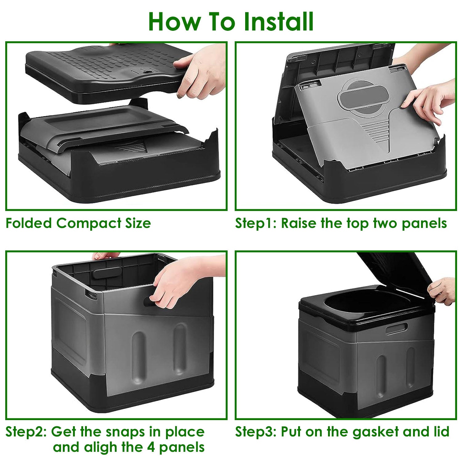 Step-by-step guide on how to install a folded compact size container with labeled steps.