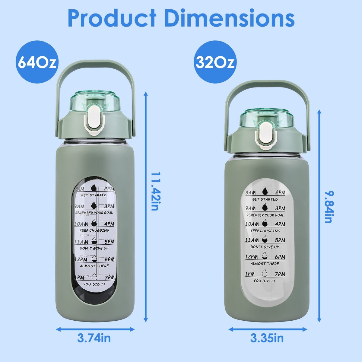 Diagram comparing two water bottle sizes with height and width measurements