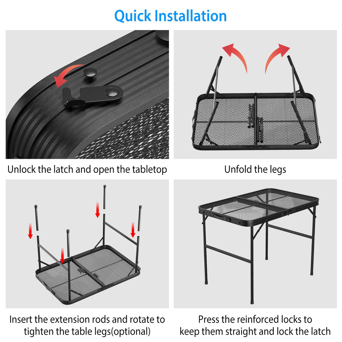Step-by-step guide on how to quickly install a portable table with text instructions.