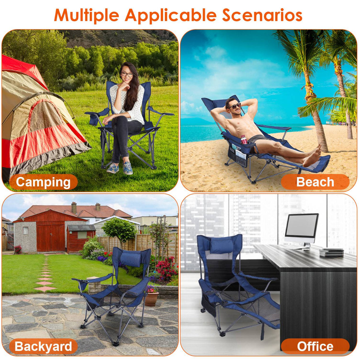 Collage of a folding chair being used in various settings including camping, beach, backyard, and office.