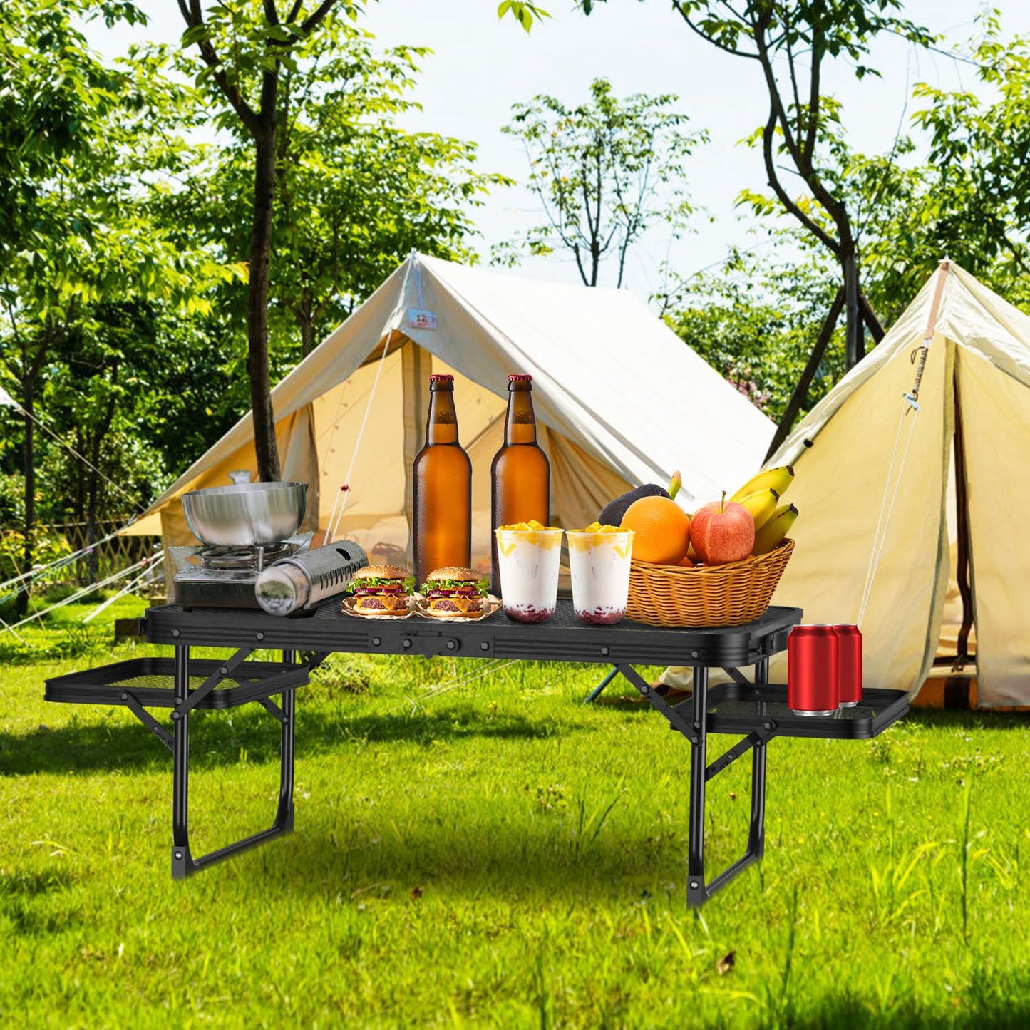 Foldable Camping Grill Table with Side Trays