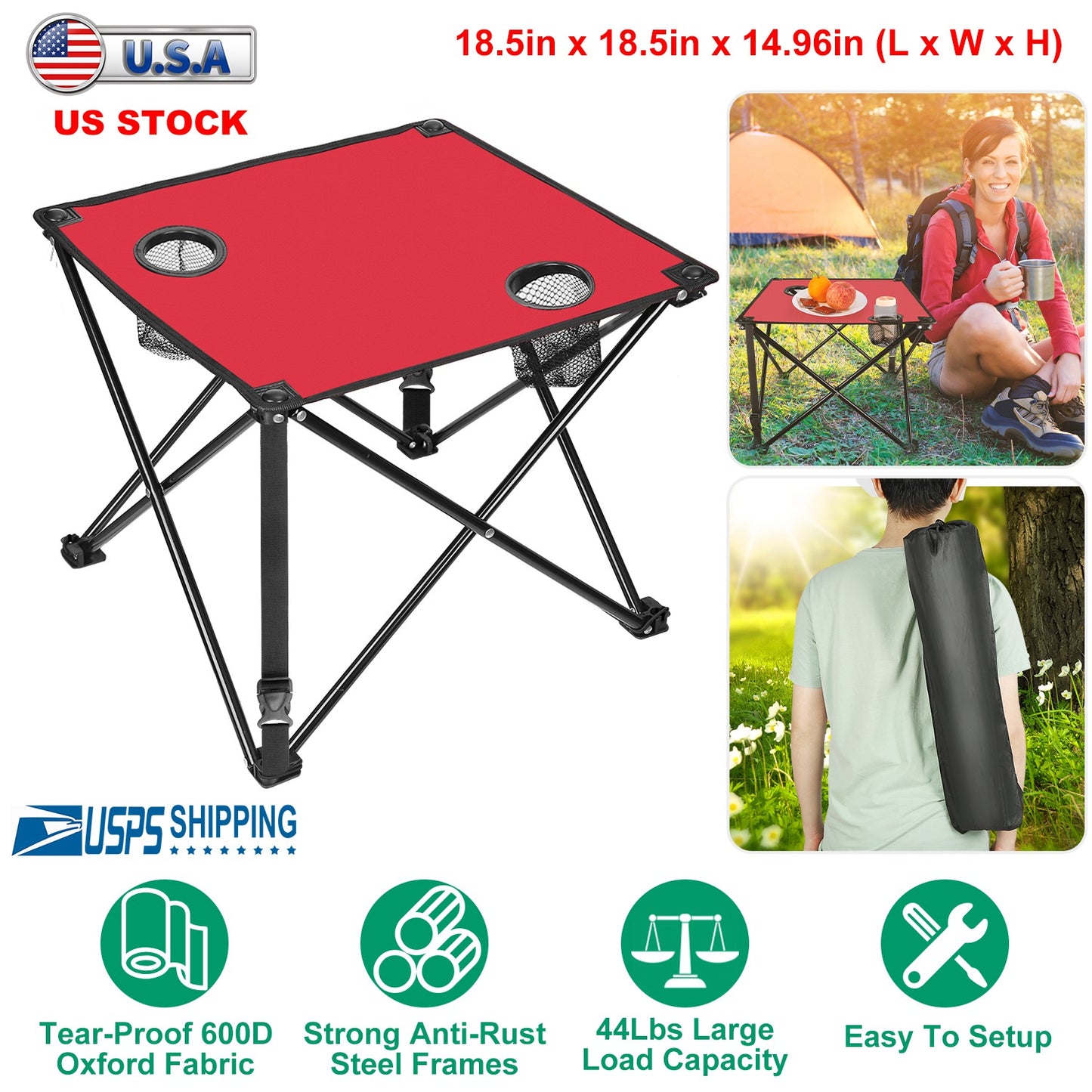 Lake Forest Red Portable Folding Camping Table with 2 Cup Holders