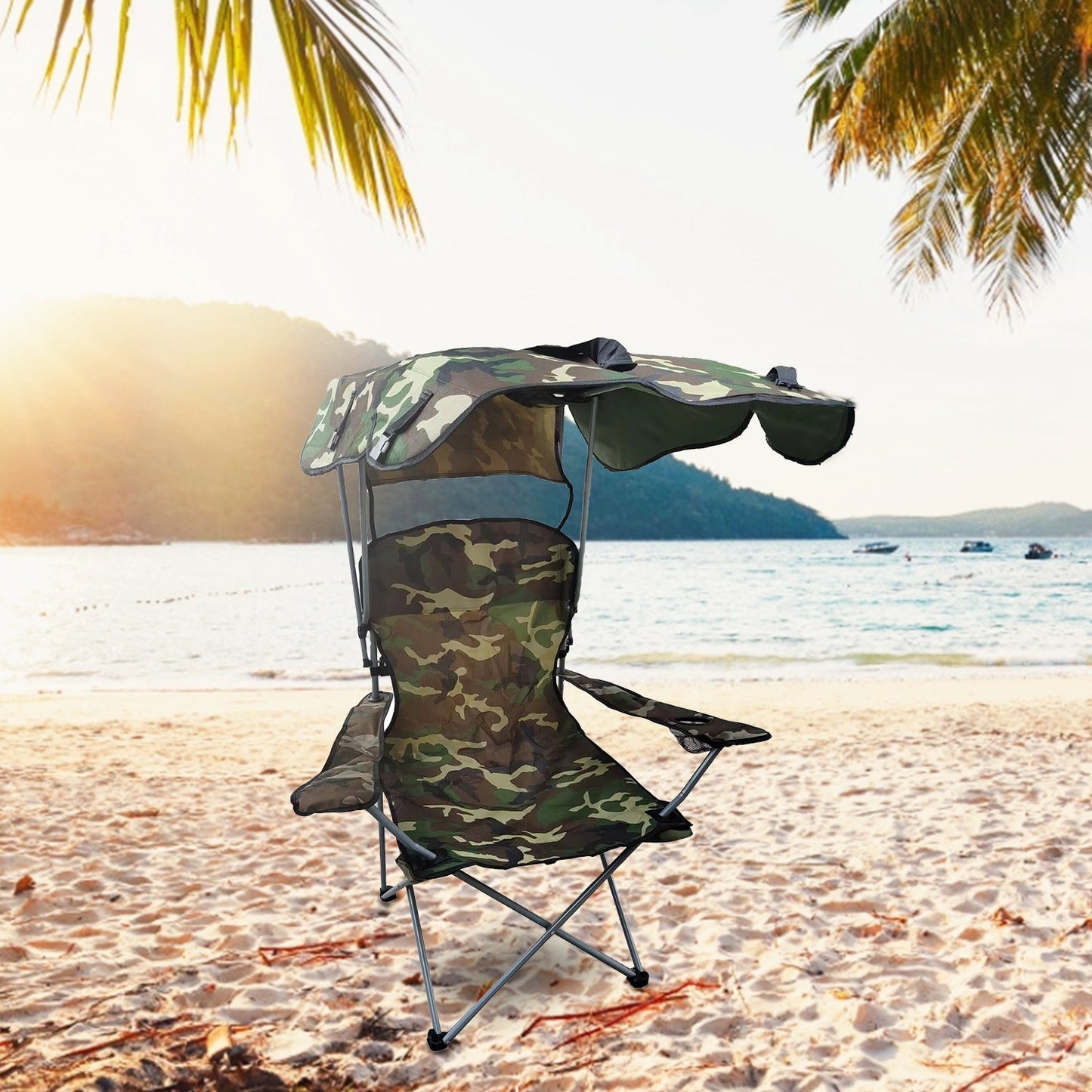 Lake Forest Camouflage Foldable Canopy Camping Chair with Cup Holder