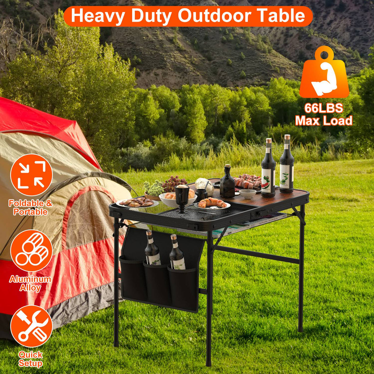 Heavy-duty outdoor table with camping setup in a natural setting