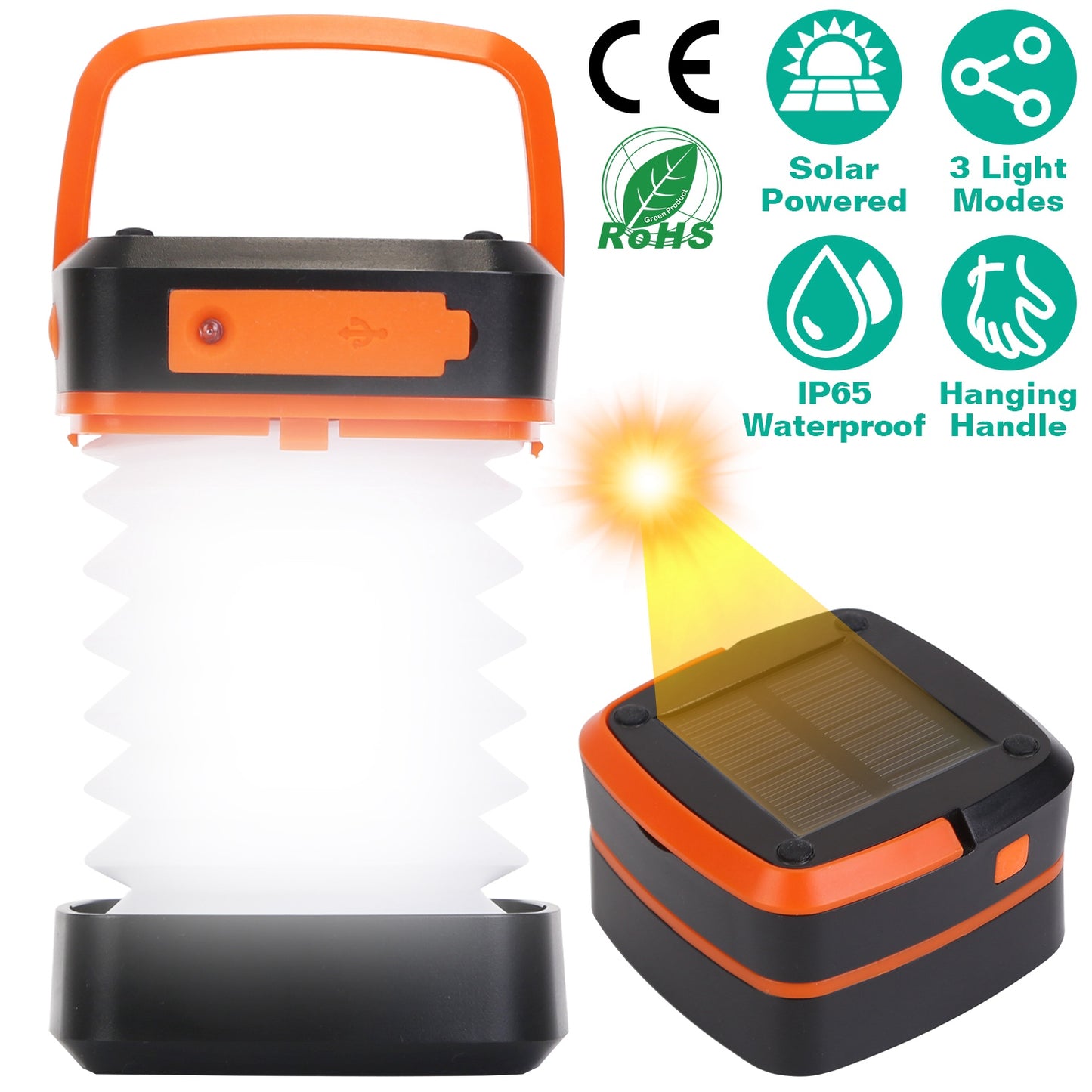 Solar-powered lantern with orange and black design, featuring CE, RoHS, and IP65 waterproof symbols.