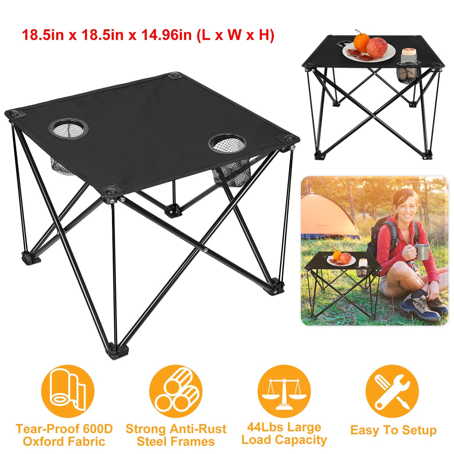 Lake Forest Black Portable Folding Camping Table with 2 Cup Holders