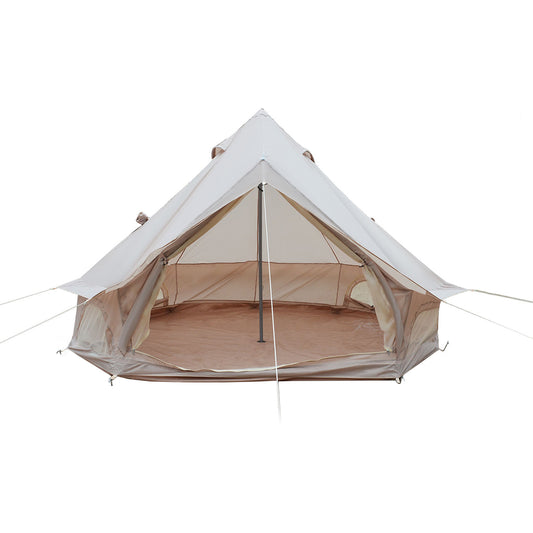 A bell-top canvas tent with a white outer canopy, beige inner walls, and a brown floor mat, shown against a solid white background.